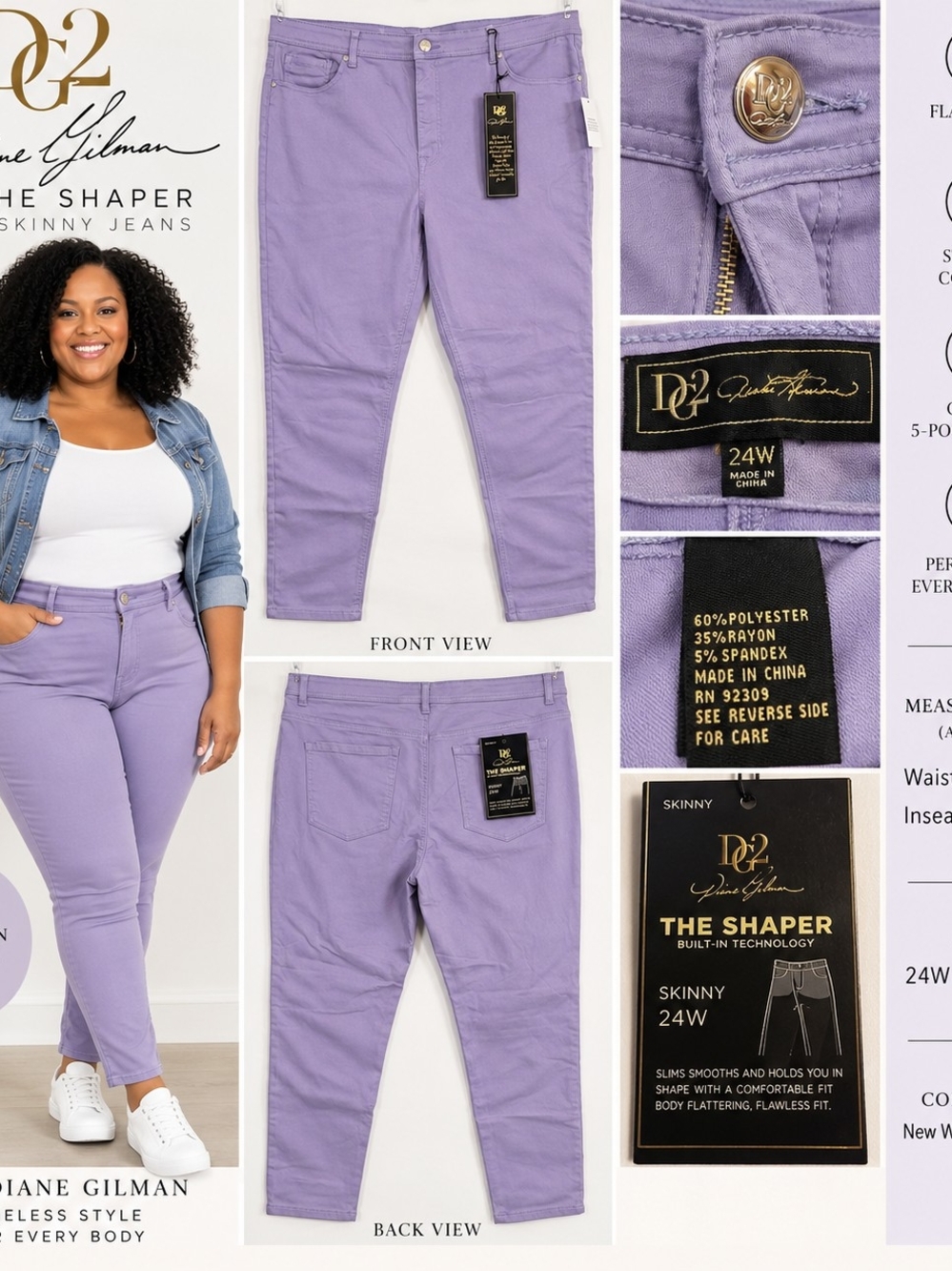 DG2 Diane Gilman The Shaper Skinny Jeans 24W Lavender Purple NWT